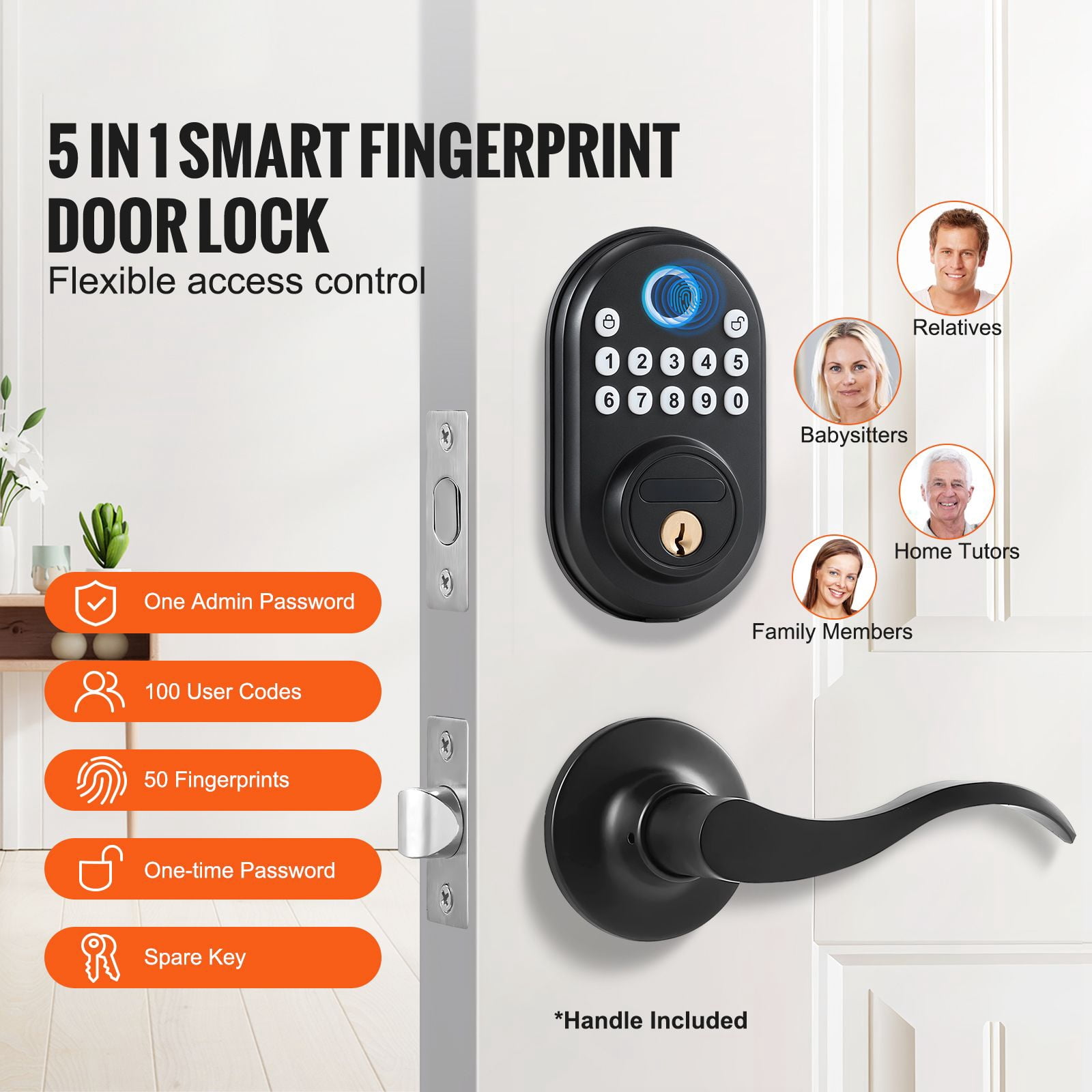 Fingerprint Door Lock with Handles 50 Fingerprints 100 Passcodes Auto-Lock 5-69s One-Time Code Waterproof for Home Office
