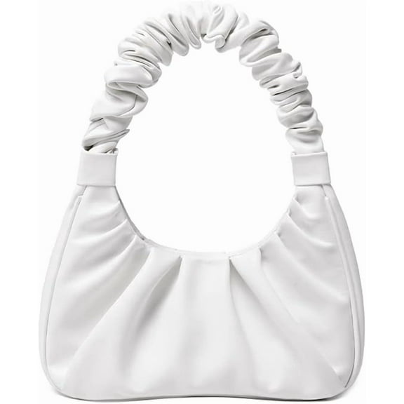 CYHTWSDJ Cloud Hobo Tote Bag for Women, Mini PU Leather Handbag with Scrunchie Strap and Zipper, Fashion Shoulder Purse Clutch – White