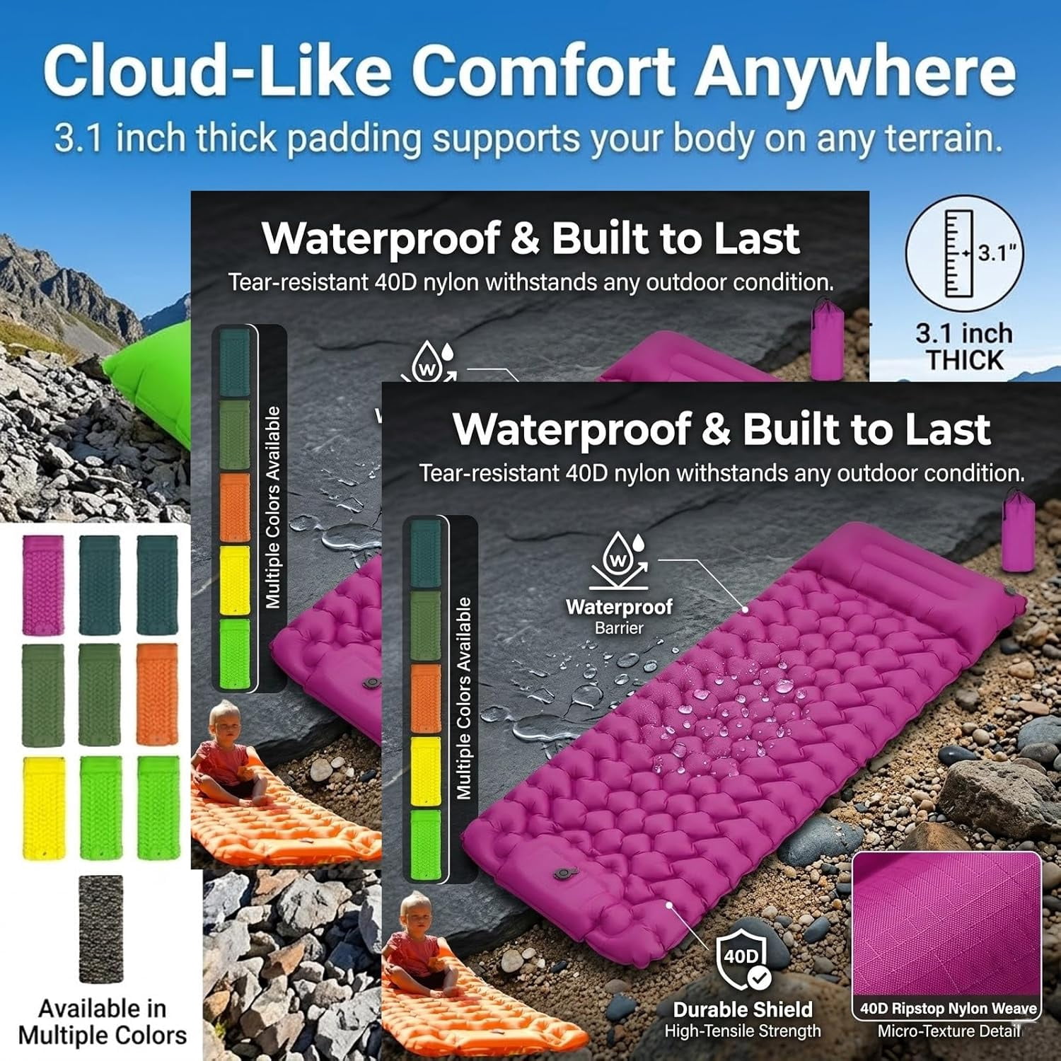 Lounge Mat - Your Portable Chill Zone, Thick Memory Foam Sleeping Pad for Camping, Self Inflating Travel Air Mattress with Pump, Lightweight Portable Car Tent Bed for Outdoor Backpacking（Gray）