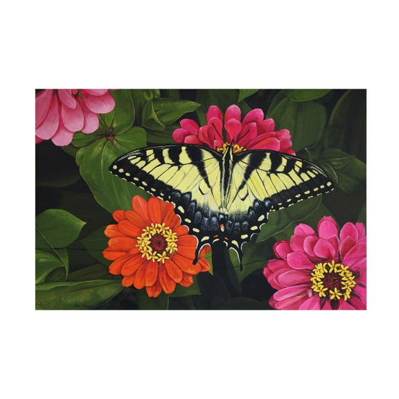 Canvas Wall Art - Jim Brune 'Tiger Swallowtail on Zinnias' Wall Art for Living Room, Bedroom, or Office Décor by Trademark Fine Art - 19 x 12 Inches