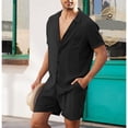 thumbnail image 2 of Conjunto de Camisa de Lino de algodón Manga Corta Hombres Traje Informal con Botones Transpirable para la Playa Negro XXL, 2 of 6