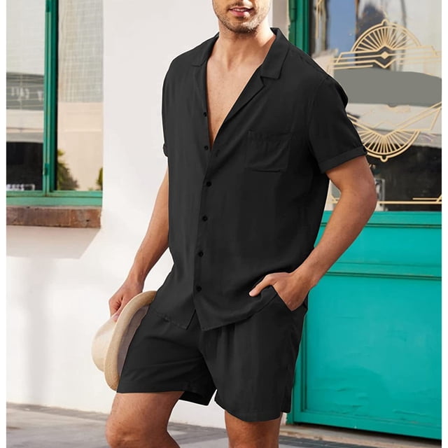 Conjunto de camisa de lino de algodón de manga corta para hombre traje casual con botones transpirable para playa negro L