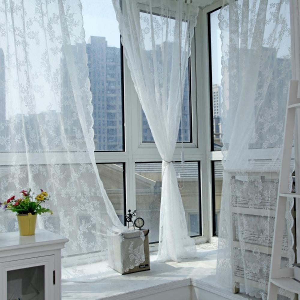 Beige Sheer Curtain Tulle Floral Embroidered Window Drape Balcony Voile 1 Piece 