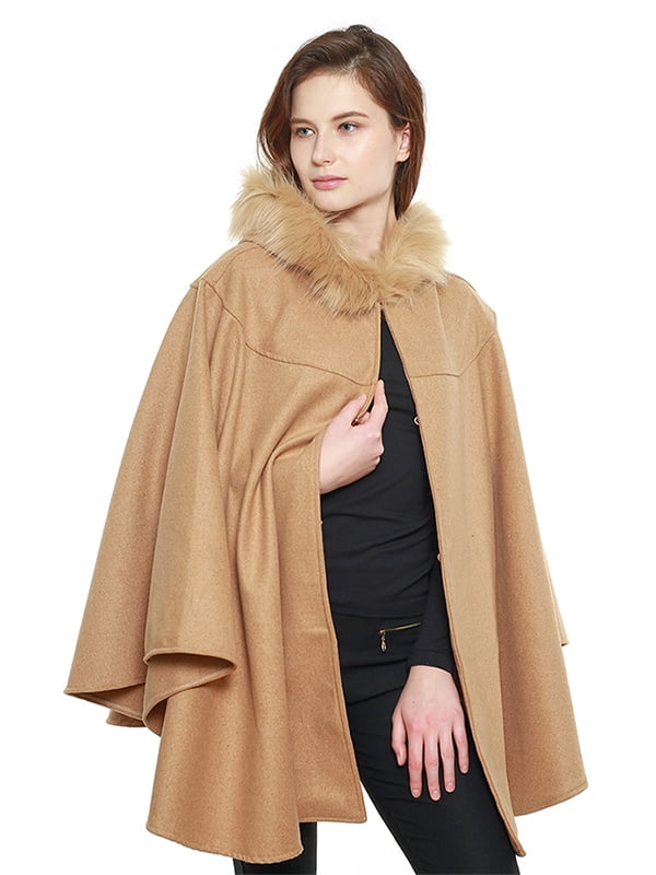 icecoolfashion Womens Faux Fur Trim Hood Poncho Cape Shawl Jacket Coat Blanket Wrap 10-22 