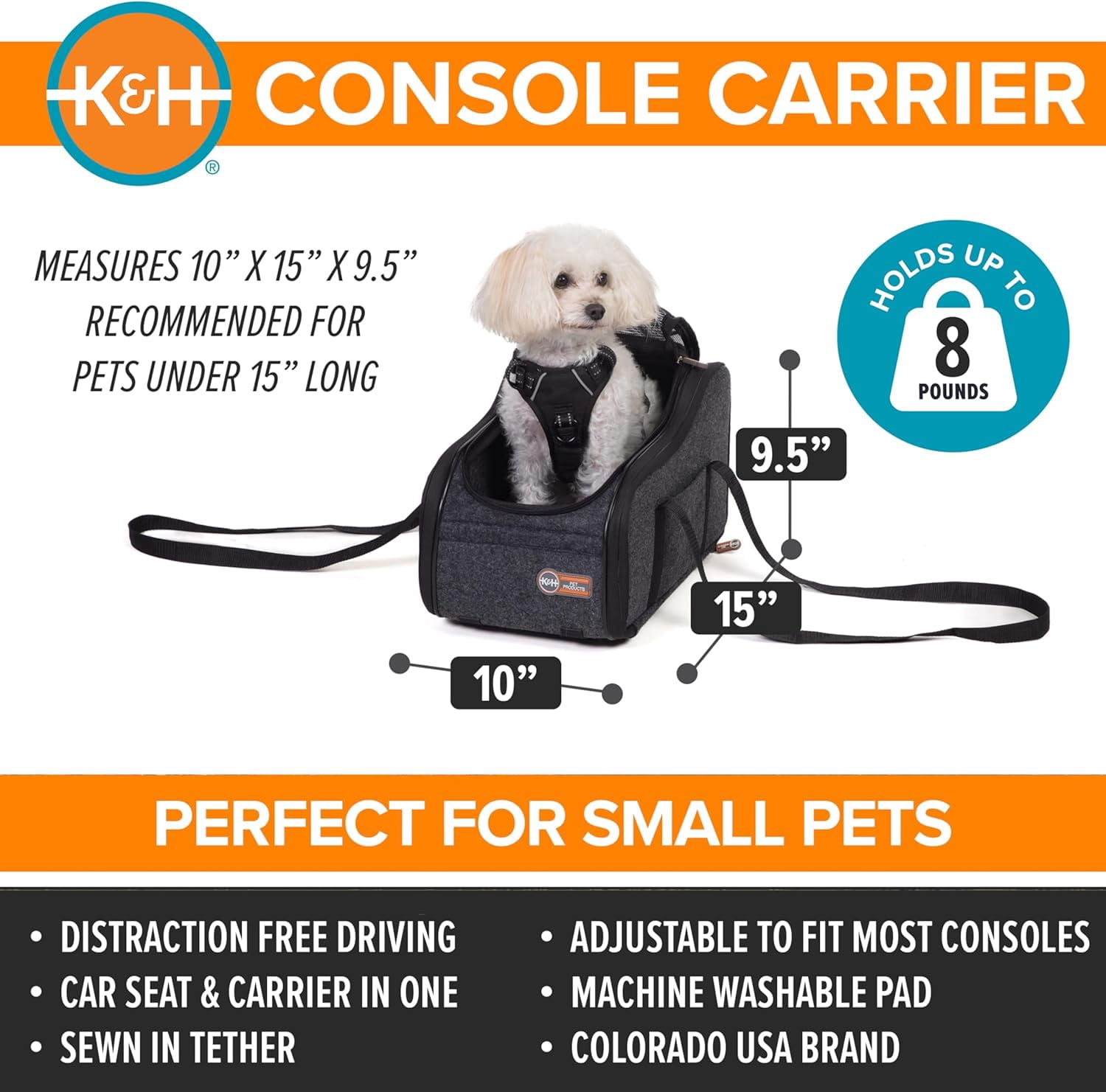 Center Console Dog Car Seat for Small Dogs & Cats