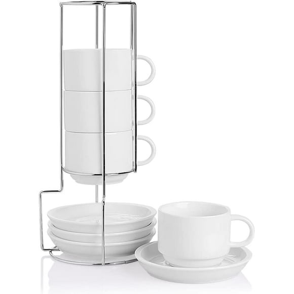 TRAHOO-Sweejar Porcelain Cappuccino Cups with Saucers and Metal Stand, 8 Ounce Stackable Espresso Cups for Specialty Coffee Drinks, Latte, Americano, Tea - Set of 4 (White)