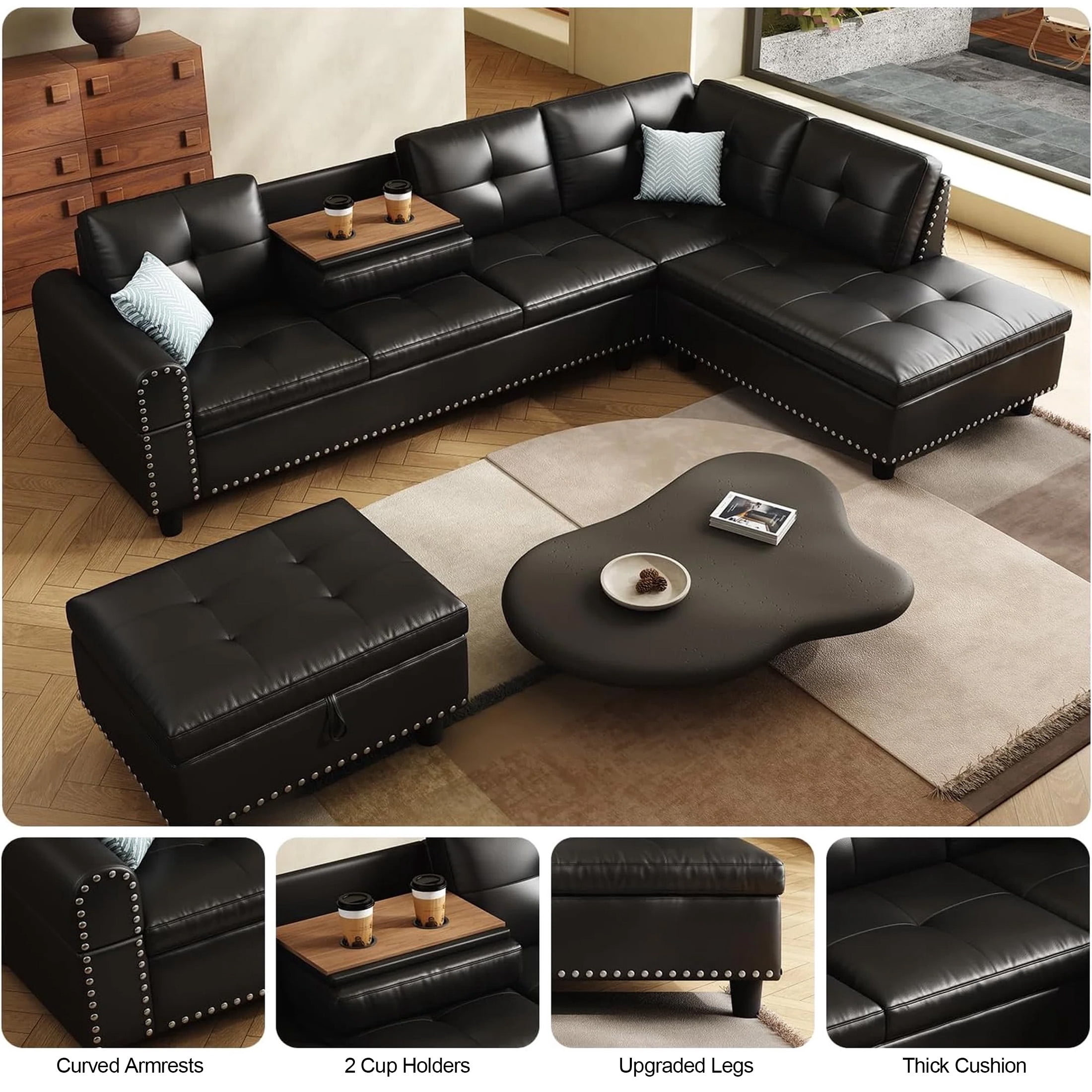 AENKYO 98" L-Shaped Sectional Sofa with Reversible Chaise, Storage Ottoman & Cup Holders, Faux Leather, Black