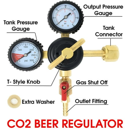 Beer Regulator - Co2 Beer Regulator Pressure Kegerator Heavy Duty Features T-Style Adjusting Handle - 0 to 60 PSI-0 to 3000 Tank Pressure