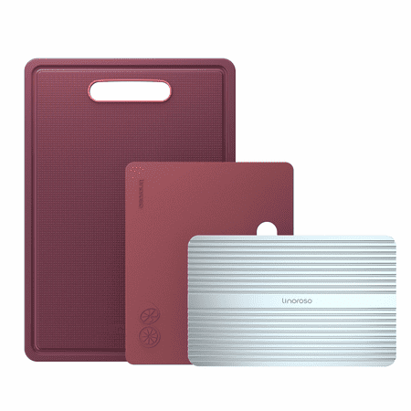 

Linoroso Cutting Boards for Kitchen with Defrosting Tray Set of 3 Dishwasher Safe Plastic Cutting Board with Deep Juice Grooves - Bordeaux Red