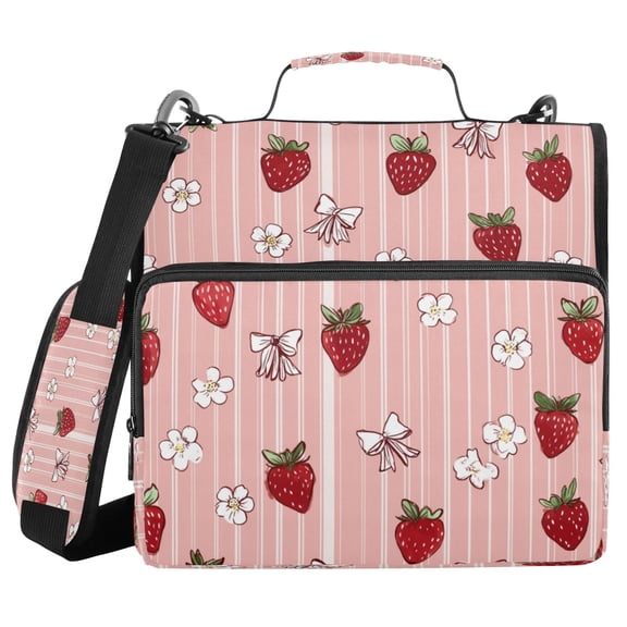 Water-Resistant 3-Ring Binder Organizer with Multiple Pockets Zipper Binder Bag for Office Strawberry and Flower