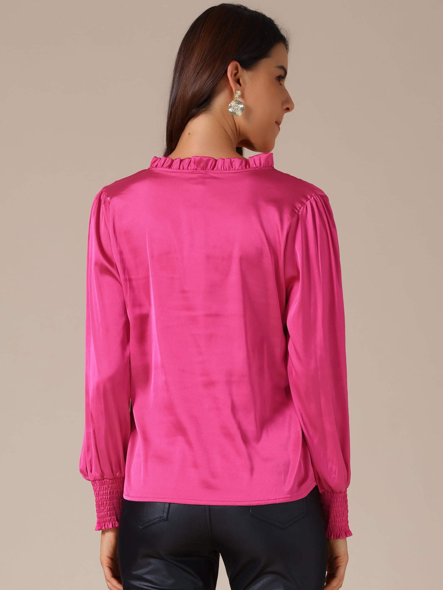 DARING DIVA Women's Satin Long Sleeve Mock Neck Self Tie Work Shirts S Rose Red