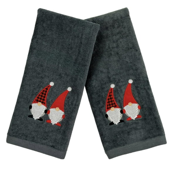 Christmas Gnomes Towel Set: Dark Grey Hand Towels with Red White Embroidery Jolly Nordic Gnome, Set of 2