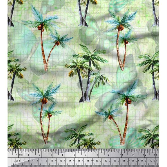 Soimoi Crepe Silk Fabric Check,Text & Coconut Tree Print Sewing Fabric Yard 42 Inch Wide