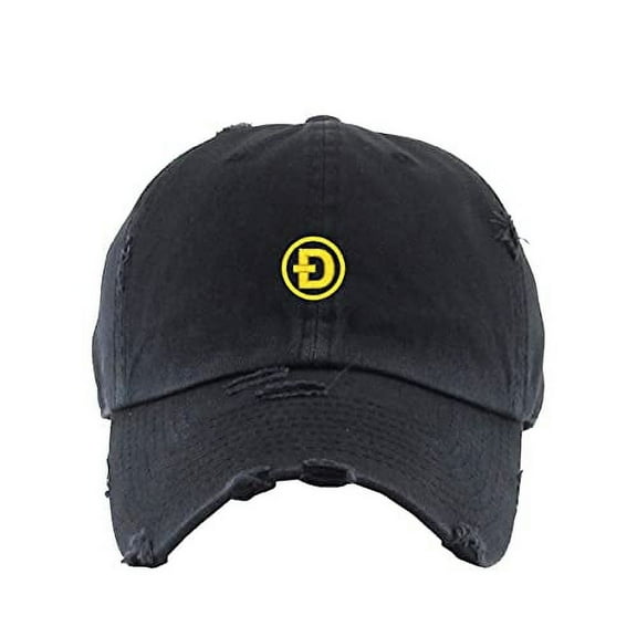 Dogecoin D Vintage Baseball Cap Embroidered Cotton Adjustable Distressed Dad Hat Brush Black
