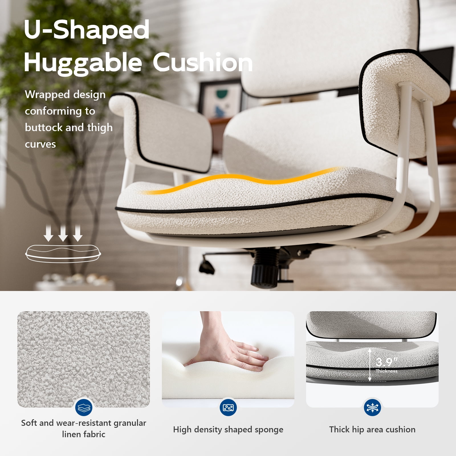 HomeZeer Executive Mid Century Modern Office Chair, White Linen Fabric with Memory Foam Wide Seat, Split Back, Padded Arms & Adjustable Height, Vintage Desk Chair for Home Office, Wheels Included