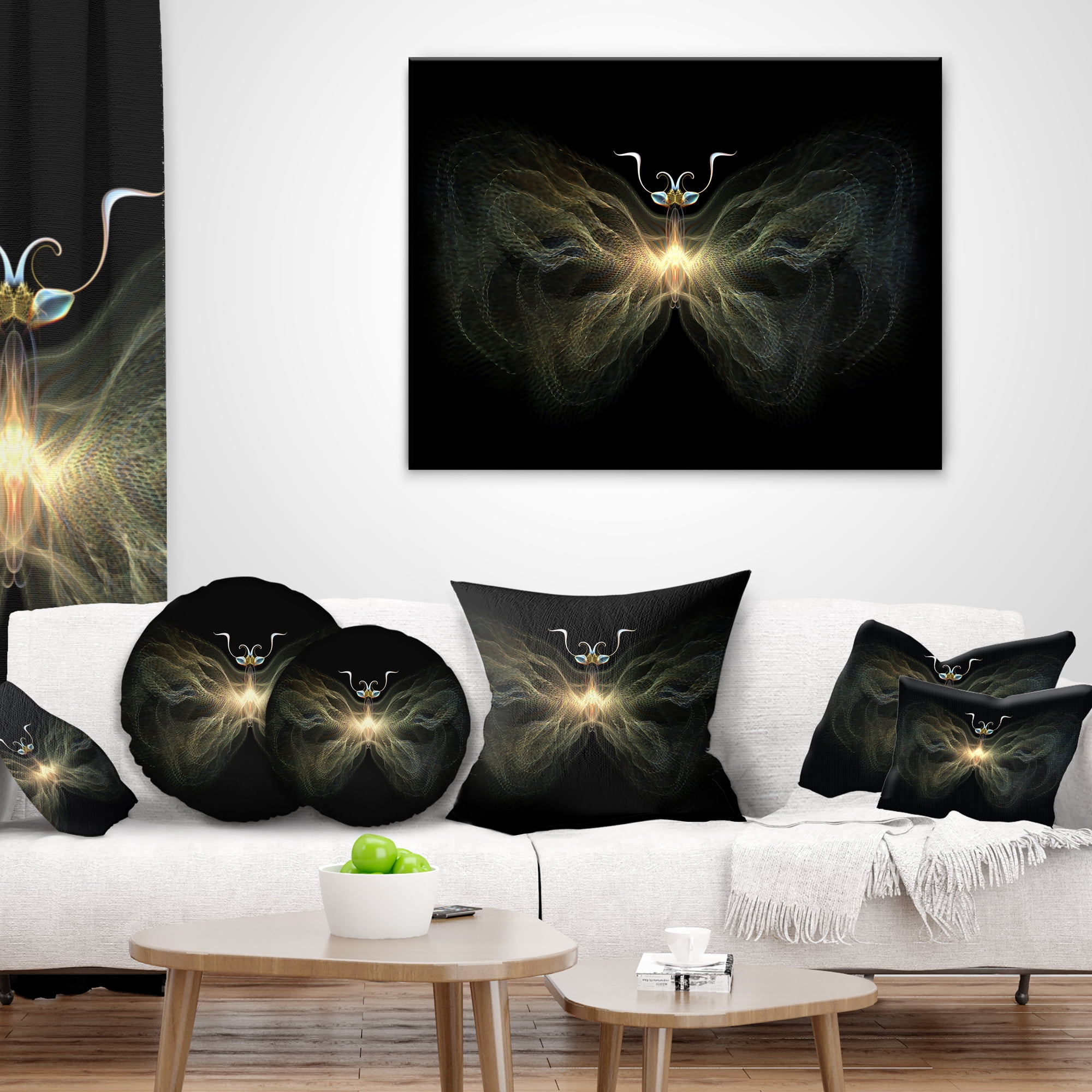 Designart Yellow Fractal Butterfly in Dark - Abstract Throw Pillow - 18x18