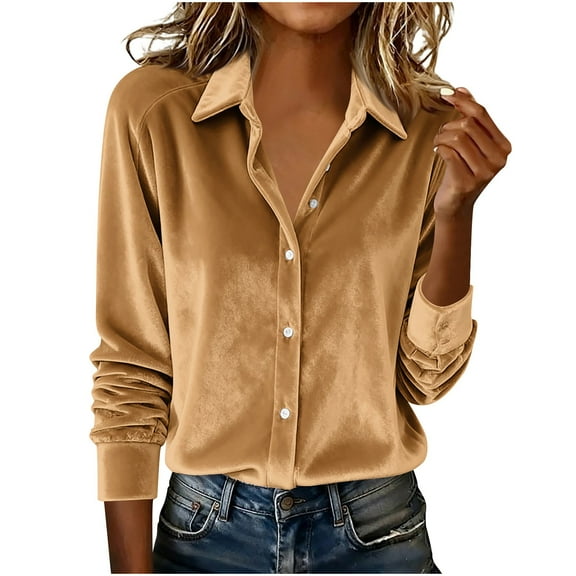 Karight Women's Dressy Button Down Velvet Blouse Tops Elegant Ladies Lapel Business Casual Tops Long Sleeve Party Shirts