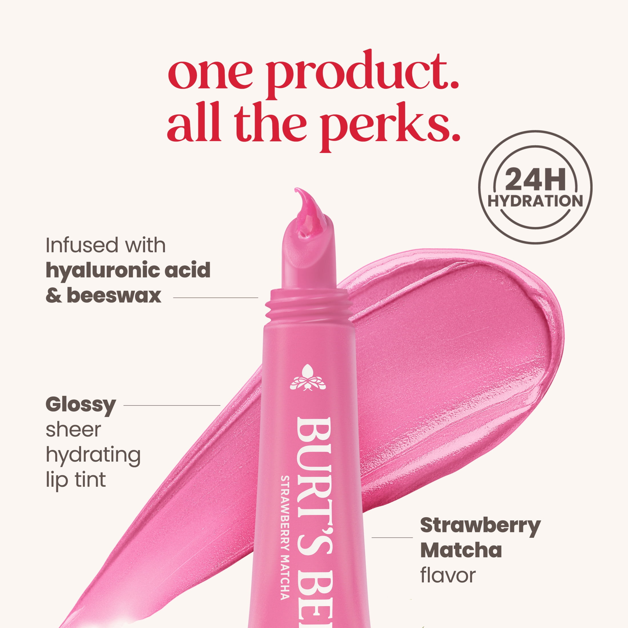 Burt's Bees 24-Hour Hydrating Tinted Glossy Lip Balm, Strawberry Matcha