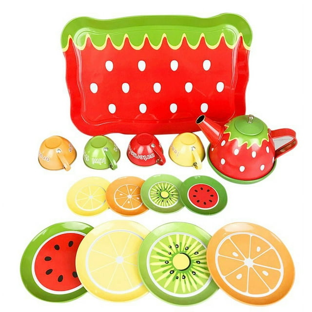 14pcs Tea Party Set For Little Girls Kitchen Utensils Tableware Metal Princess Tea Party Set Pretend Play Toys For Kids Gifts Colorful fruit