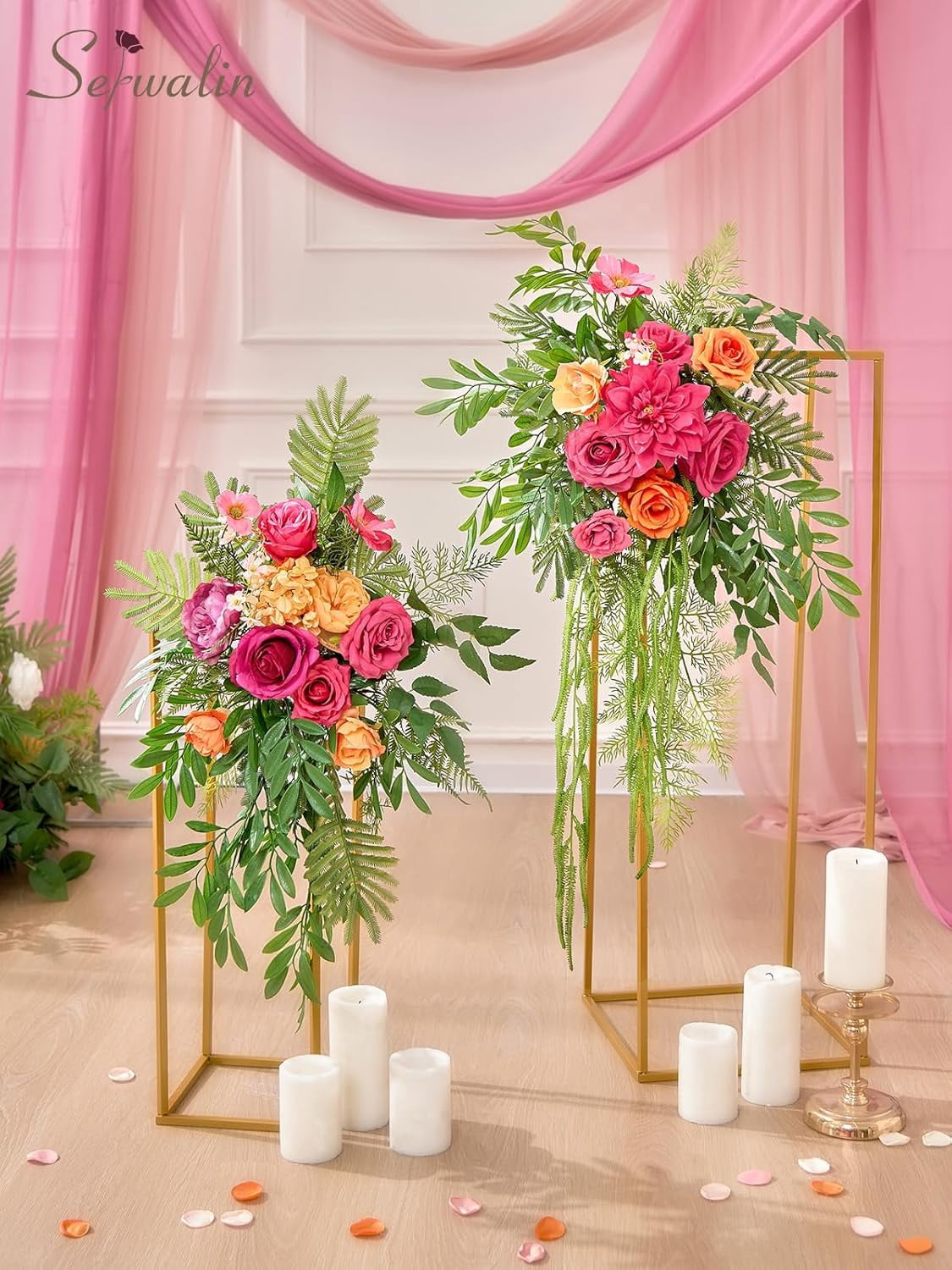 Artificial Hot Pink & Orange Flowers, Magenta Silk Fake Flowers for Wedding Bouquet