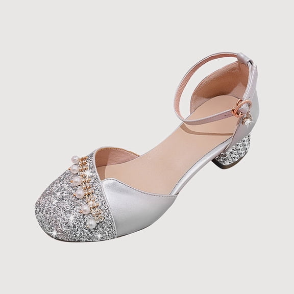 Gyujnb Closed Toe Pearl Glitter Hook and Loop Low Heel Dress Shoes for Wedding Party Prom (Big Girls),8-9 Years