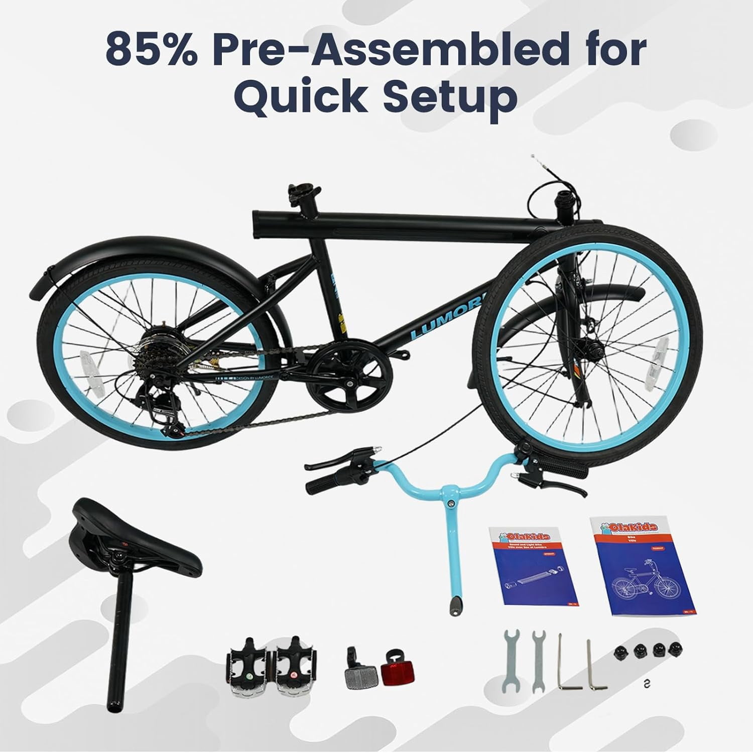 OLAKIDS Mountain Bike, 20 Inch Bicycle with 7 Lighting Modes Bluetooth Music 6 Speed Drivetrain