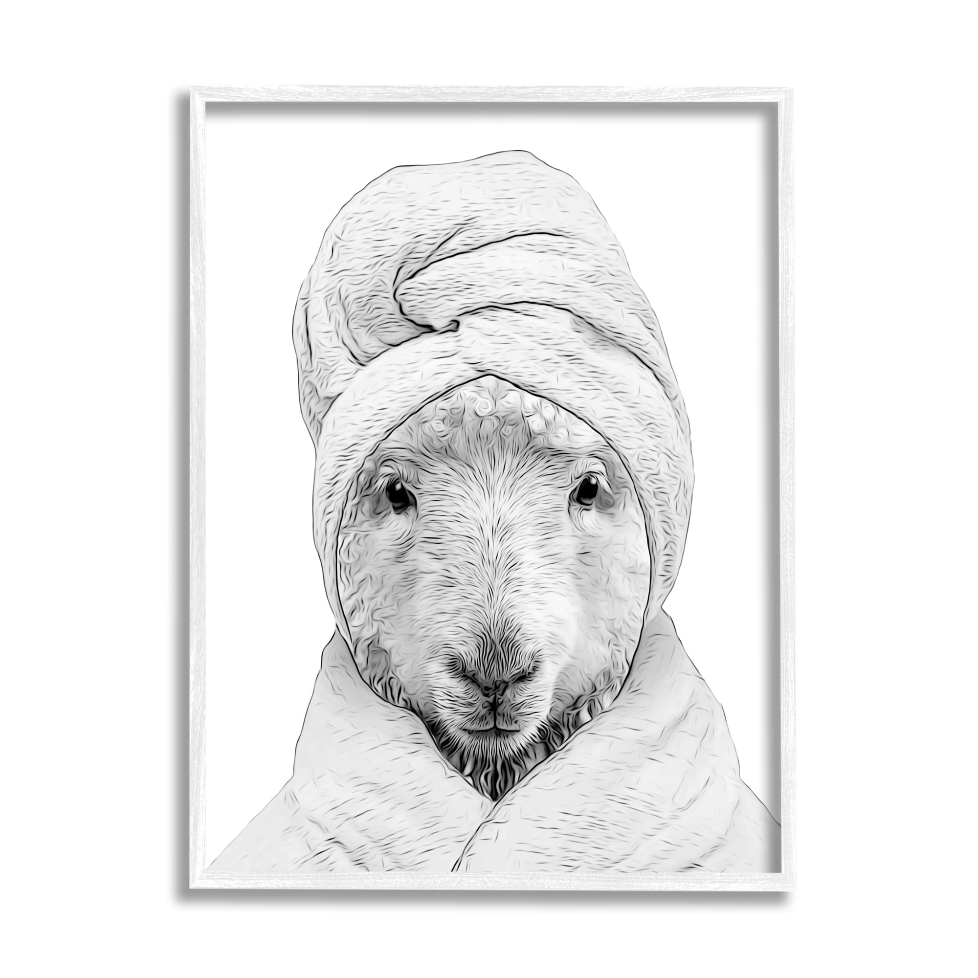 Stupell Industries Sheep Bathroom Robe Funny Animal Animals & Insects Painting White Framed Art Print Wall Art
