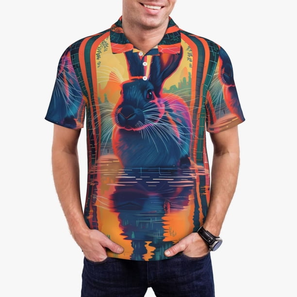 Balery Neon Rabbit In Archway Camisa Polo de Hombre con Estampado, de Manga Corta y Tejido Medio, Camisa Tipo Golf Polo-Large