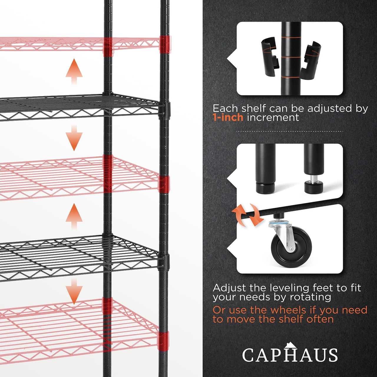 CAPHAUS 4-Tier Commercial Grade Heavy Duty Adjustable Height Wire Shelving w/ Wheels & Leveling Feet, Storage Metal Steel Shelf, Garage Shelving Storage, Utility Wire Rack Storage Shelving Unit