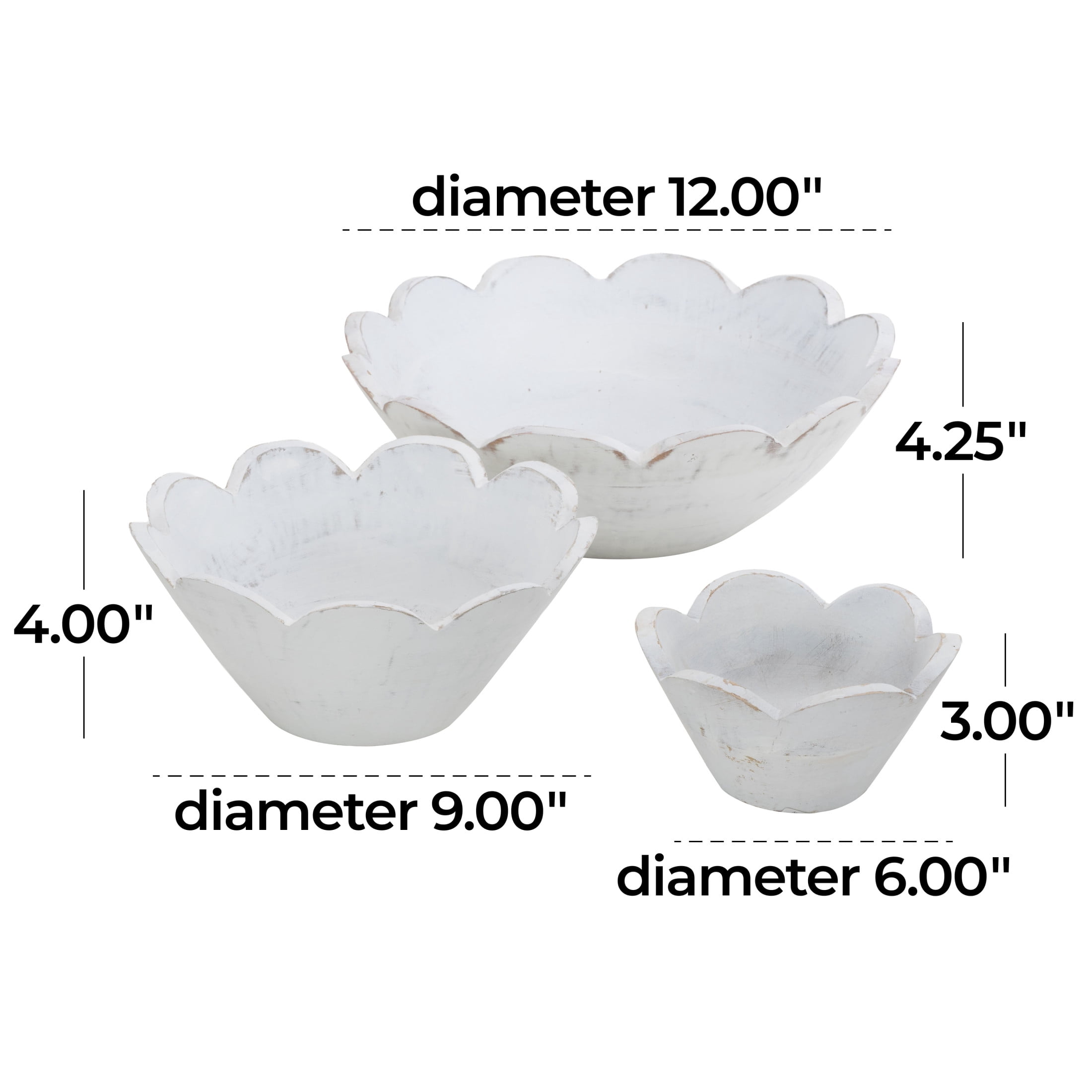 DecMode 12", 9", 6"W Handmade Round Floral White Mango Wood Decorative Bowl, Set of 3