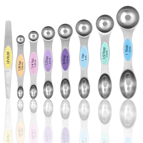 Magnetic Measuring Spoons Set, 8-Piece Stainless Steel Spoon with Leveler, Dual Sided Design for Baking and Cooking, Teaspoon Tablespoon, Multicolor