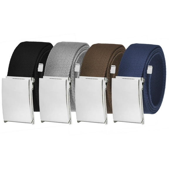 Men's Essentials Adjustable Belt Pack High Strength Canvas Web Belt with Silver Flip Top Buckle 4 Pack