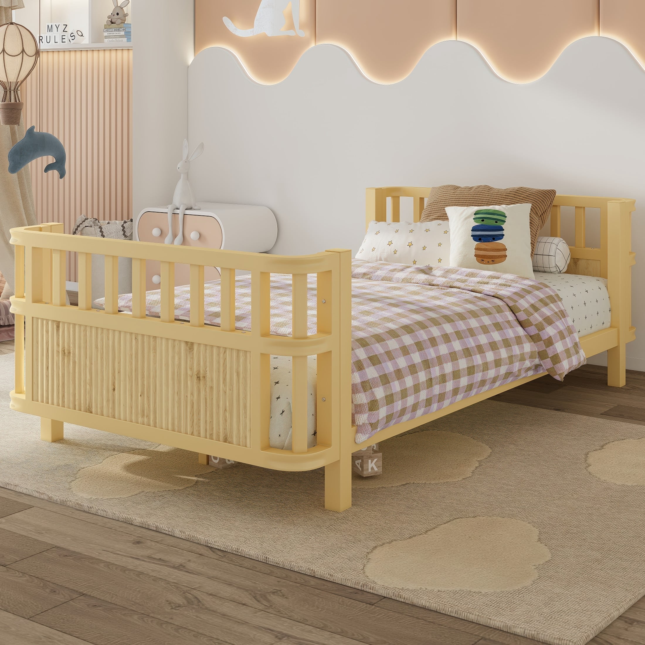 Noble House Twin Size Kids Platform Bed Frame with Three-Sided Safety Guardrails, Removable Rail, Natural