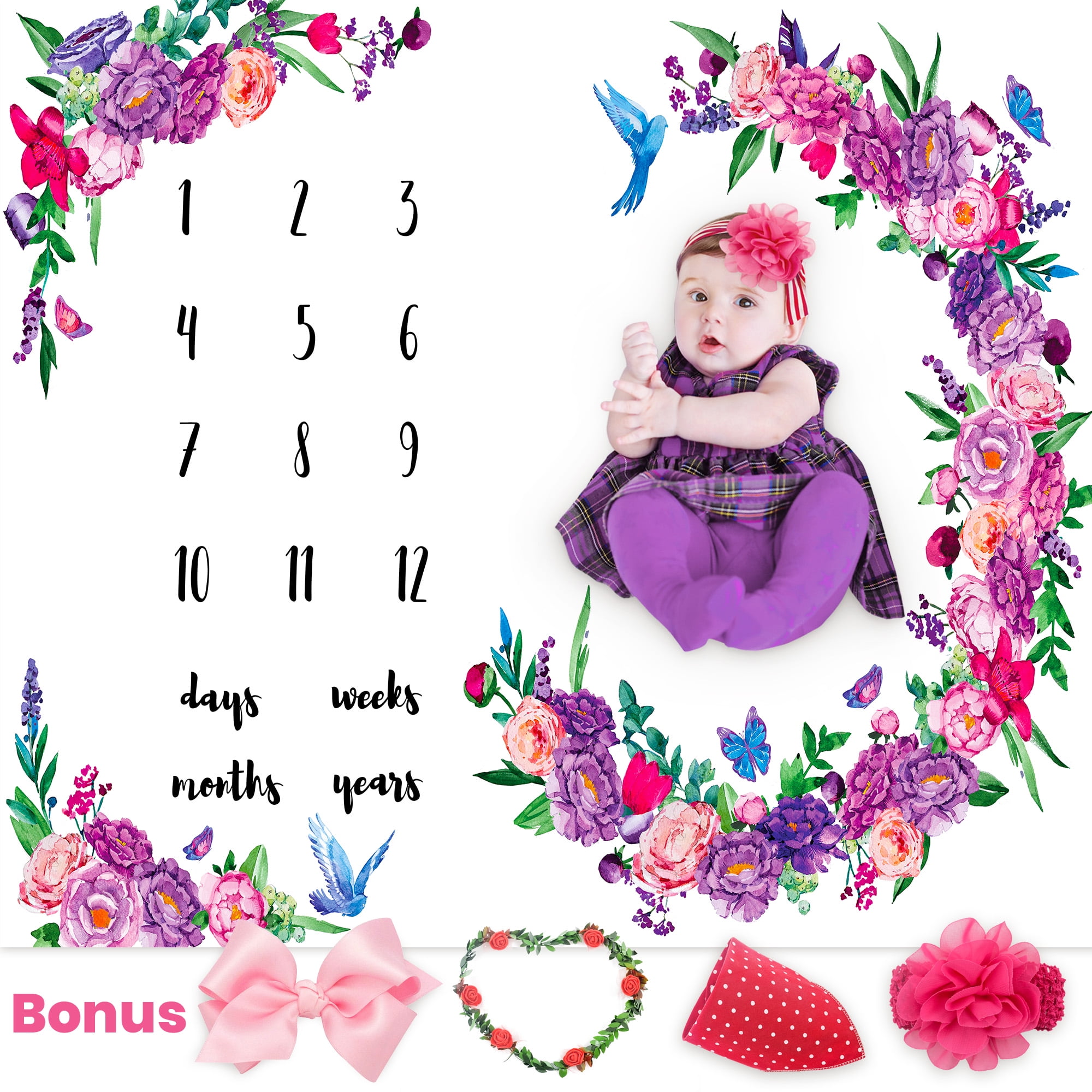 Baby Monthly Milestone Blanket Girl Bonus Headband & Floral Wreath