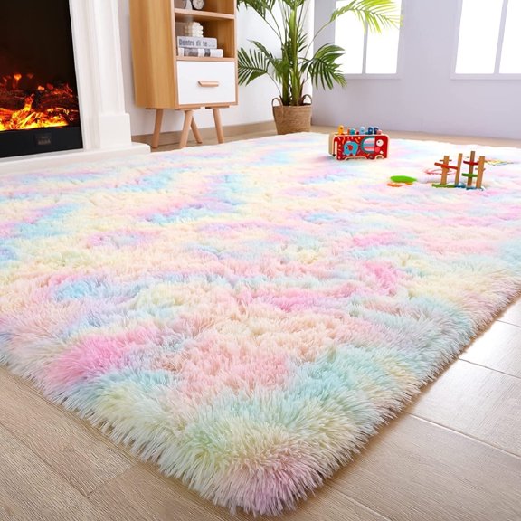 OldPAPA Fluffy Rugs for Living Room, Washable Rugs, 3x5 Area Shag Rugs for Bedroom, Girls Boys Room Decor,Upgrade Anti-Skid Small Carpet for Home Decor Aesthetic, Rainbow Color