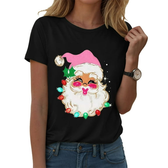 larppty Christmas Shirts Women Santa T-Shirts Xmas Graphic Tee Holiday Tops (Black, XXL)