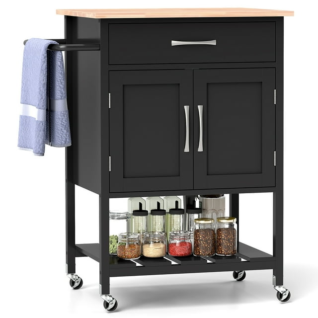 Gymax Chariot Îlot de Cuisine Roulant avec Tiroir Armoire de Rangement à 2 Portes Plateau Inférieur Noir