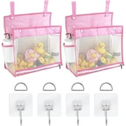 DODAMOUR 2 Pack Mesh Bath Toys Organizer, Bathroom Toy Storage with 4 Hooks, Bottom Zipper Toy Holder for Bathtub (Pink)