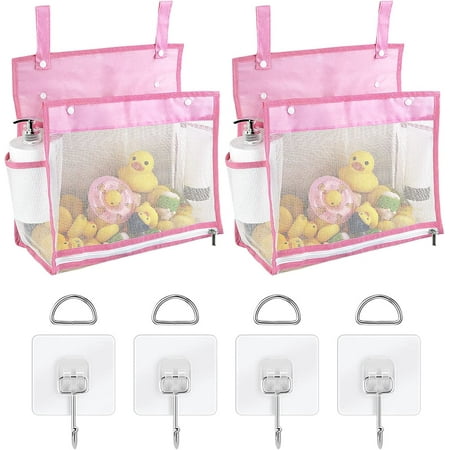DODAMOUR 2 Pack Mesh Bath Toys Organizer, Bathroom Toy Storage with 4 Hooks, Bottom Zipper Toy Holder for Bathtub (Pink)