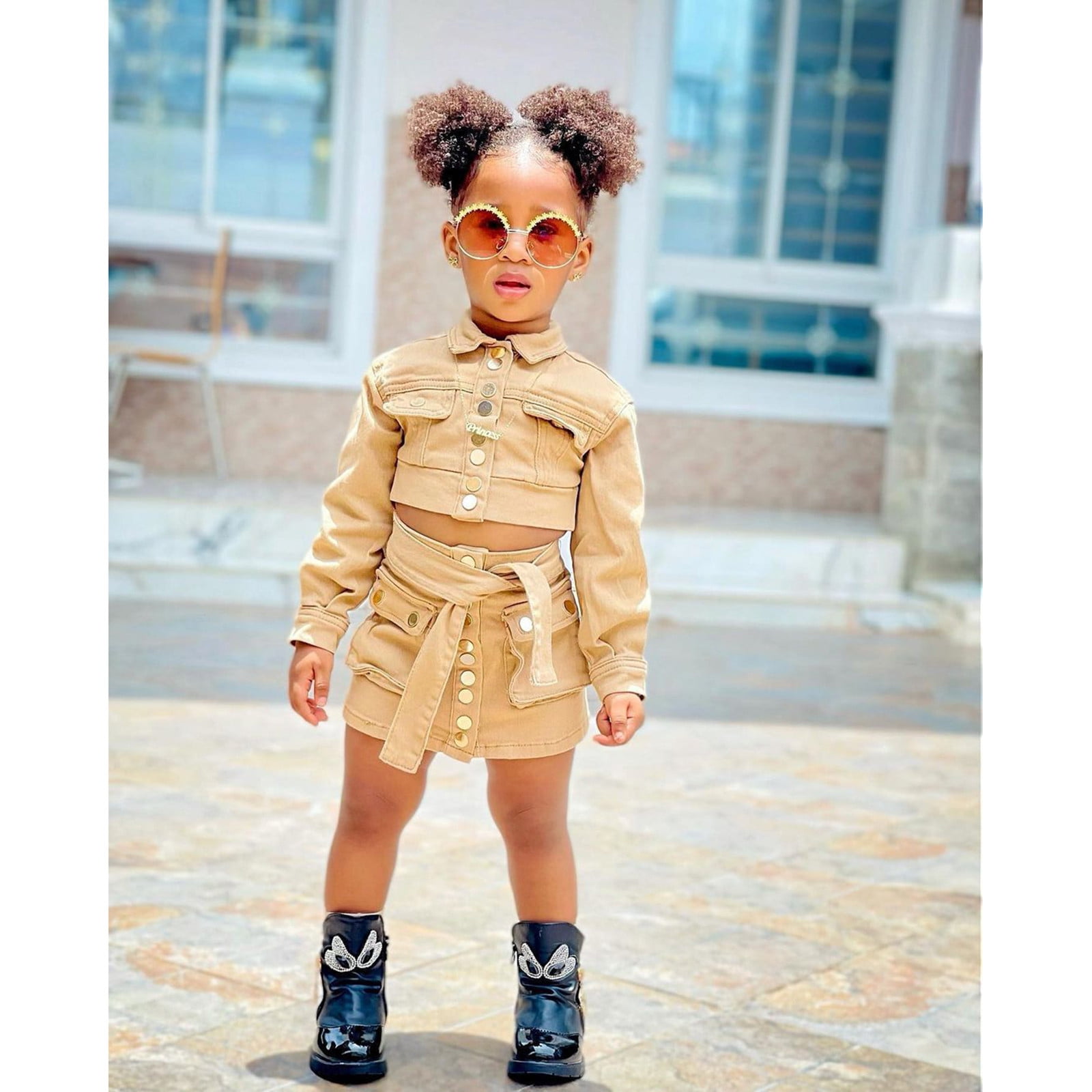 Rovga Girls Outfit Set Kids Long Sleeve Jacket Coat T Shirt Tops Bow Button  Skirts 2Pcs Outfits Clothes Set For 5-6 Years