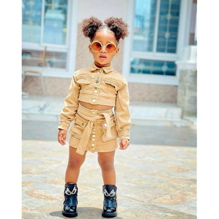 

NECHOLOGY Toddler Kids Baby Girls Long Sleeve Jacket Coat T Shirt Tops Bow Button Skirts 2PCS Outfits Clothes Set Crib Childrenscostume Khaki 3-4 Years