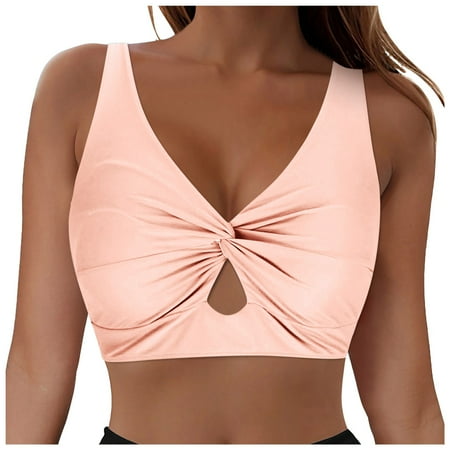 GEWSEY Bikini Tops for Women Twist Front Swimsuit Top Cropped Tankini Tops Cut Out Bathing Suit Tops Only (Light Pink  L)