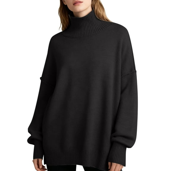 Womens Turtleneck Oversized Sweaters Long Sleeve Mockneck Loose Fit Drop Shoulder Pullover Solid Color Casual Tops 2025