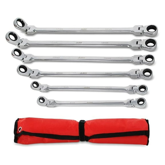 Flex Head Ratcheting Wrench Set - 6pc Double Box End Wrench Set 8 to 19mm Laser Etched Steel Wrenches