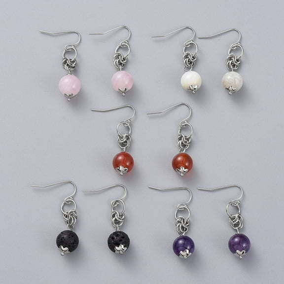 Natural Gemstone Dangle Earrings with 304 Stainless Steel Flower Bead Caps and 316 Surgical Stainless Steel Earring Hooks 39mm Pin: 0.6mm