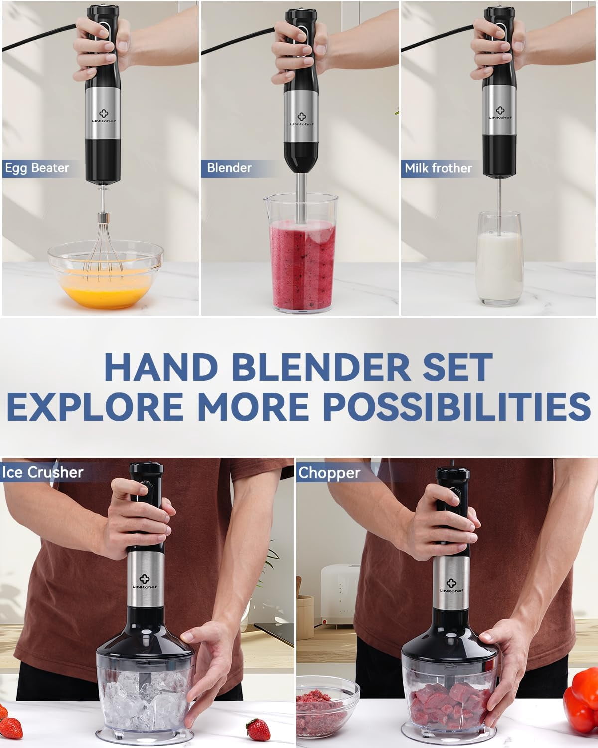 7-in-1 Immersion Blender, 800W Hand Blender with 20 Speeds and Turbo, Scratch-Resistant Guard, 2 Titanium Blades, Whisk, Milk Frother, Food Chopper, Beaker for Soup, Smoothies, Baby