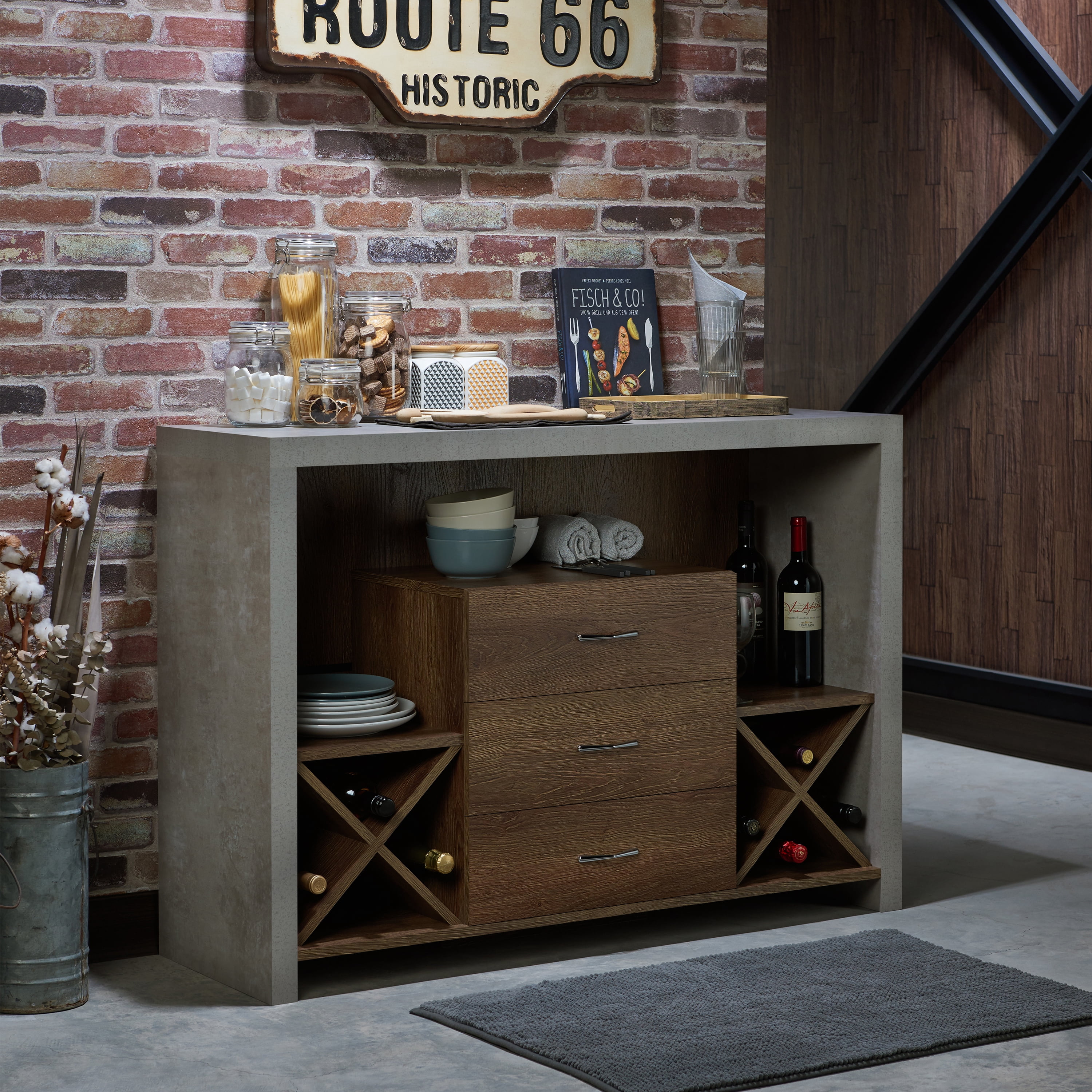 Furniture of America Chriz Industrial 47"Width Multi-Storage Wood Sideboard with Drawers, Walnut and Cement