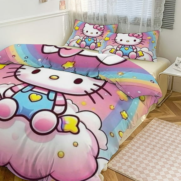 Hello Kitty 3-piece Bed Set, 1Cover and 2 Pillowcases Sizes: Twin, Full, Queen, King