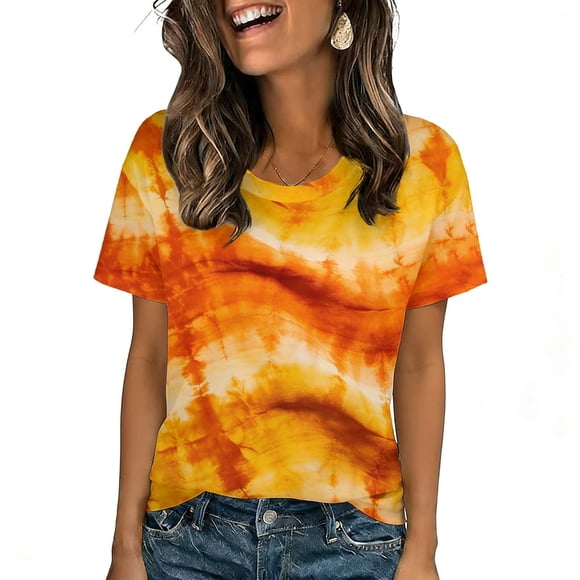 Women's Summer Tie Dye Crew Neck Short Sleeve T Shirts Casual Dressy Floral Print Tunic Tops for Daily Outfits,Red,S
