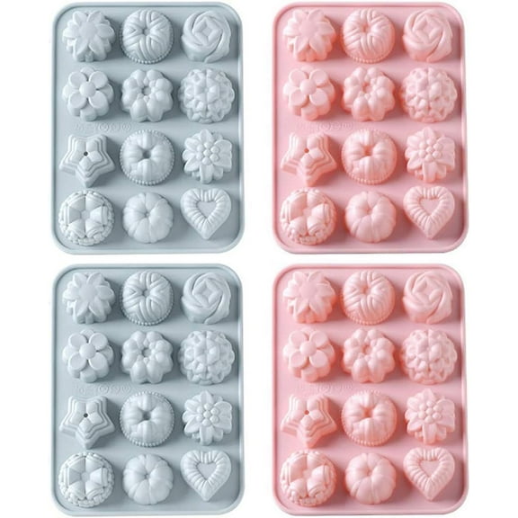 WSNIJFU 4Pcs Silicone Chocolate Candy Moulds, 12-Cavity Non-Stick Flower Heart Shape Cake Pans for Cake Decoration, Soap Mould Wax Melts Mold